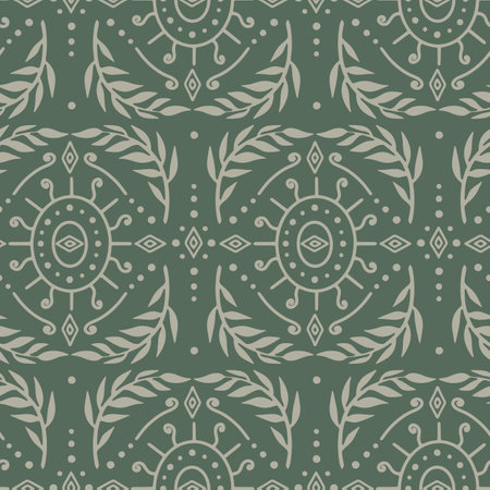 Seamless beige Damask pattern on a green backgroundのイラスト素材