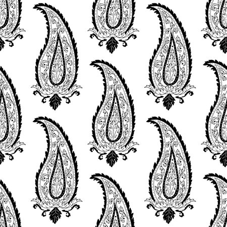 Monohcrome seamless pattern with Paisley motifs on white backgroundのイラスト素材