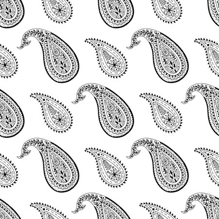 Monohcrome seamless pattern with Paisley motifs on white backgroundのイラスト素材