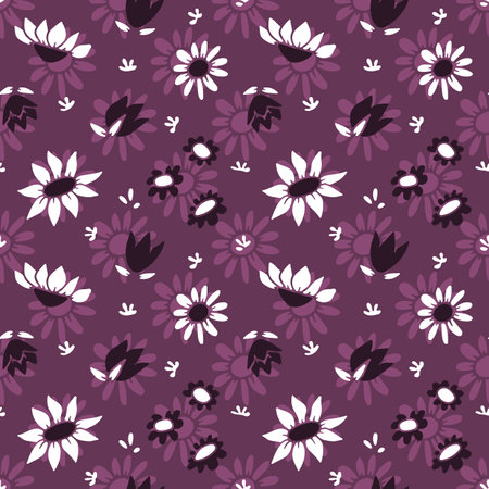 Seamless pattern with abstract retro wild flower blooms on purple backgroundのイラスト素材