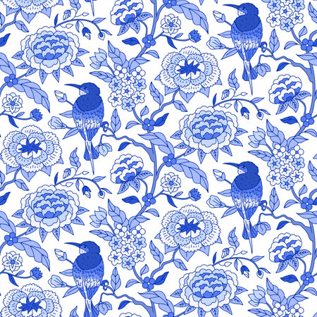 Seamless pattern with monochrome blue chinoiserie hand drawn flowers and birds motifsのイラスト素材
