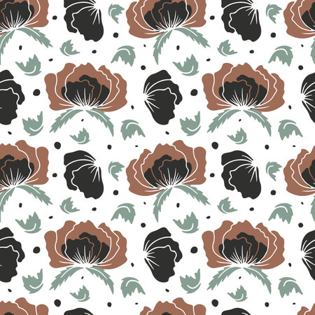 Seamless pattern with abstract poppy flowers brown silhouettes on whiteのイラスト素材