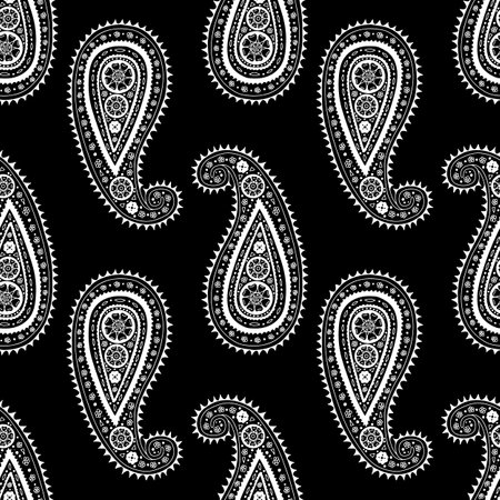 Monohcrome seamless pattern with Paisley motifs on black backgroundのイラスト素材