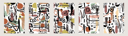 Set of abstract mid century posters with grungy liquid shapes and brush strokesのイラスト素材