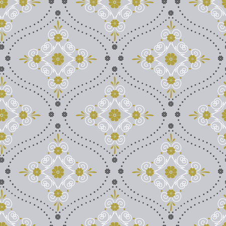 Seamless pattern with white floral ogee geometrical motifs on a gray backgroundのイラスト素材