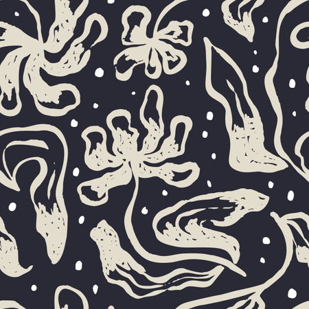 Monochrome black and white brush strokes inky flowers seamless patternのイラスト素材