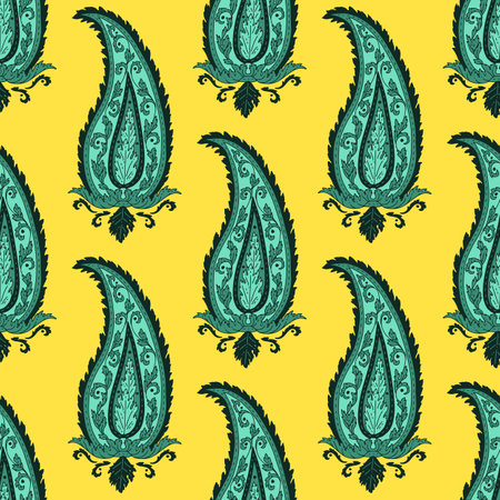 Teal and black seamless pattern with Paisley motifsのイラスト素材