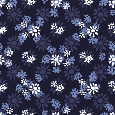 Seamless pattern with abstract retro wild flower blooms on blue backgroundのイラスト素材