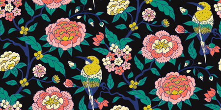 Seamless pattern with colorful chinoiserie hand drawn flowers and birds motifs