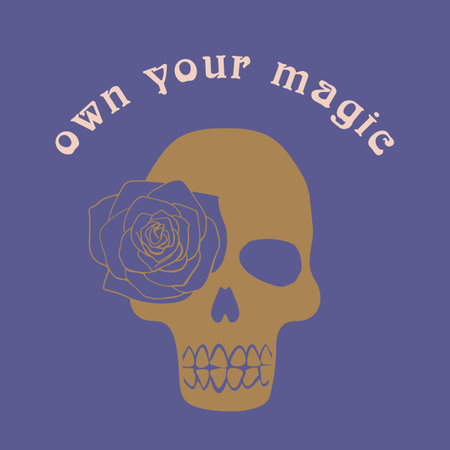 Mystical quote Own your Magic with human skull and rose in eye illustrationのイラスト素材