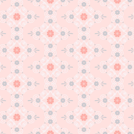 Seamless pattern with white swirls and small flowers on pastel pink background