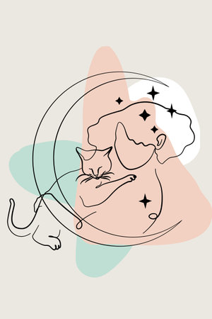 Card or poster with one single line drawing of female face and abstract shapesのイラスト素材