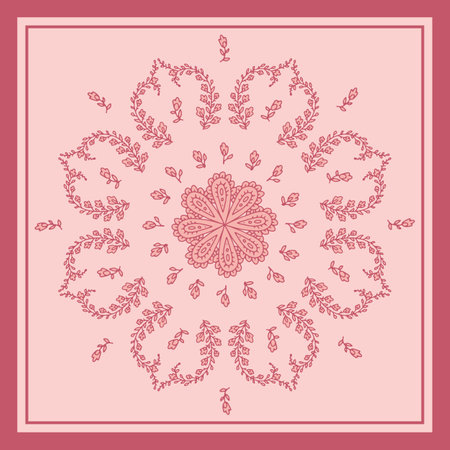 Monochrome pink scarf or bandana design with paisley mandala pattern and floral elementsのイラスト素材