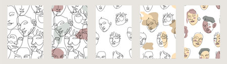 Card or poster set with one single line drawing of female face and abstract geometric shapesのイラスト素材