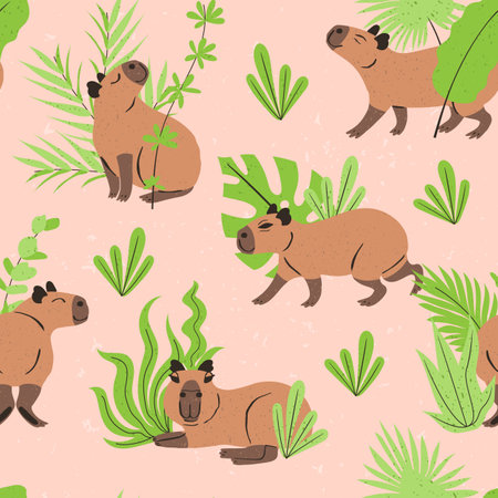 Seamless pattern with funny cartoon capybaras and jungle plantsのイラスト素材