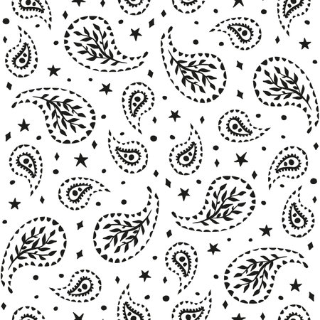 Black and white seamless pattern with celestial and paisley motifsのイラスト素材