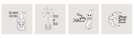 Set of 4 cards or posters with cute Halloween illustrations and greeting textsのイラスト素材