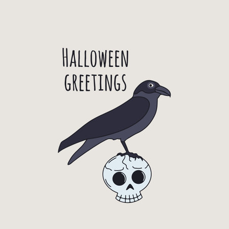 Card or poster with cute Halloween witchy crow sitting on top of skullのイラスト素材
