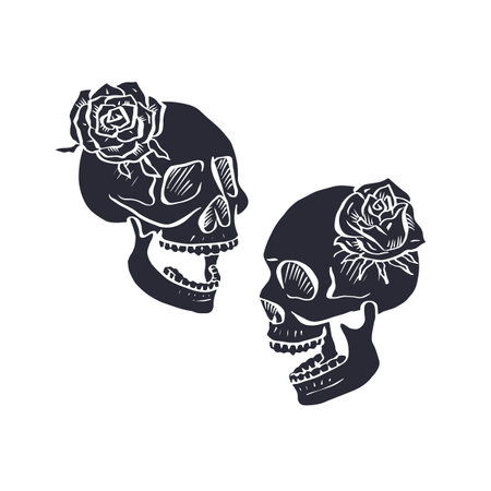Hand drawn black silhouette floral human skull with rose wreath isolated on white backgroundのイラスト素材