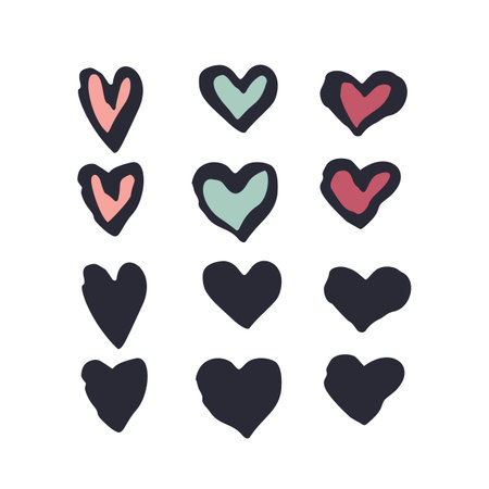 hand drawn inky doodle hearts setのイラスト素材
