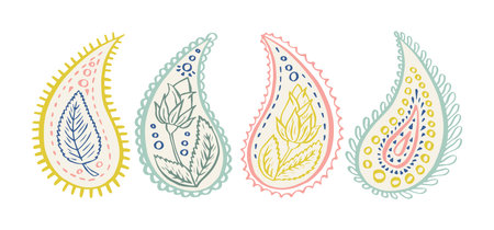 Set of pastel colors paisley motifs isolated on white backgroundのイラスト素材