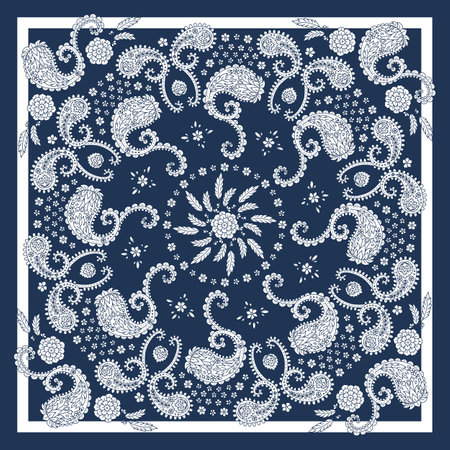Blue and white scarf or bandana design with paisley mandala pattern and floral elementsのイラスト素材