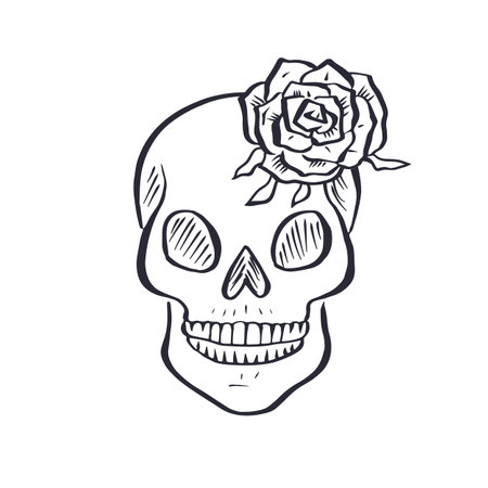 Hand drawn black and white sketchy floral human skull isolated on white backgroundのイラスト素材
