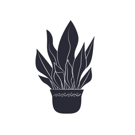 Black linocut silhouette of potted houseplant aspidistraのイラスト素材