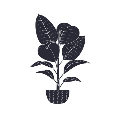 Black linocut silhouette of potted houseplant ficusのイラスト素材