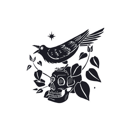 Hand drawn monochrome inky sketch style raven or crow sitting on human skull silhouetteのイラスト素材