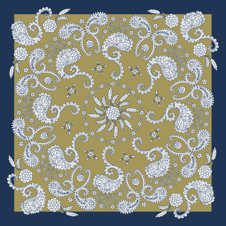 Gold and blue scarf or bandana design with paisley mandala patternのイラスト素材