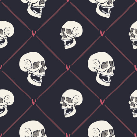Seamless pattern with hand drawn skulls inside trellisのイラスト素材