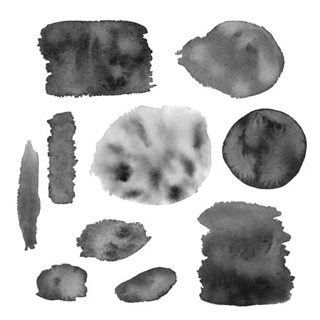 Watercolor monochrome blots set. Gray inky aquarelle stainsの写真素材