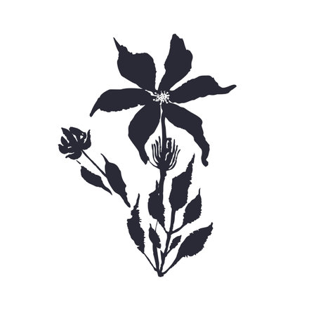 Black and white minimal rustic inky flower silhouetteのイラスト素材