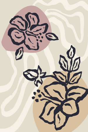 Poster or card with ink brush abstract sketch flower and leaves organic shapes background. Minimalist floral composition for cover, wall art or brochure designのイラスト素材