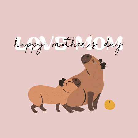 Happy Mothers Day greeting card with cute capybara baby. Text Love Momのイラスト素材