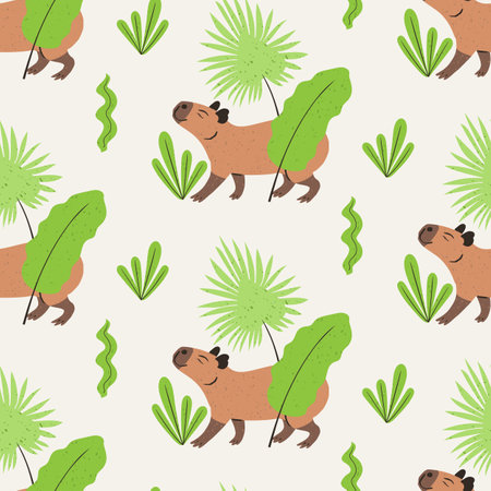 Seamless pattern with funny cartoon capybara and green jungle plants on white background. Cute South American animal repeat design for childrenのイラスト素材