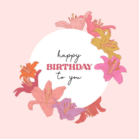 Hand drawn pastel pink line art lily flowers wreath with text Happy Birthday to Youのイラスト素材