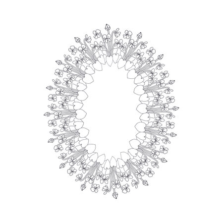 Hand drawn black and white line art canary islands flowers blue violet wreath. Card template with cute floral frameのイラスト素材