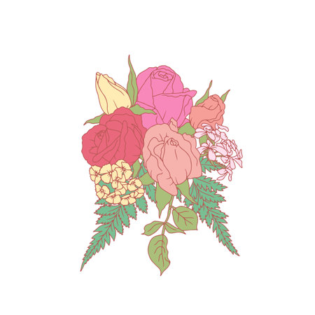 Hand drawn line art retro palette rose and geranium flowers bouquet isolated on white backgroundのイラスト素材
