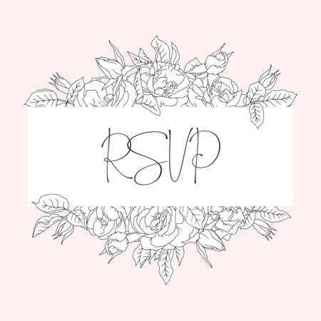 Hand drawn line art black and white rose flowers frame with text RSVP for wedding invitationsのイラスト素材