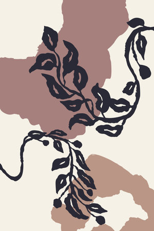Poster or card with ink brush abstract sketch leaves and organic shapes background. Minimalist floral composition for cover, wall art or brochure designのイラスト素材
