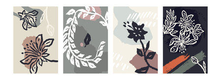 Set of poster or card with ink brush abstract sketch flowers and leaves organic shapes background. Minimalist floral composition bundleのイラスト素材