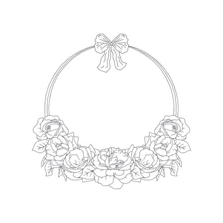 Hand drawn line art black and white rose flowers round frame. Vintage romantic monochrome floral wreathのイラスト素材
