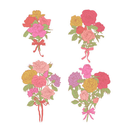 Hand drawn line art retro palette rose flowers bouquets set isolated on white backgroundのイラスト素材