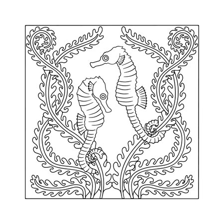 Art nouveau style sea horse couple swimming amongst seaweed hand drawn monochrome easy coloring book page vector illustrationのイラスト素材