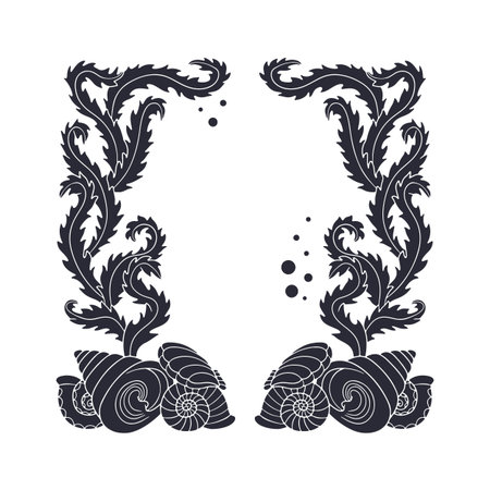Elegant curvy Art nouveau style seaweed and sea shells frame hand drawn monochrome vector illustrationのイラスト素材