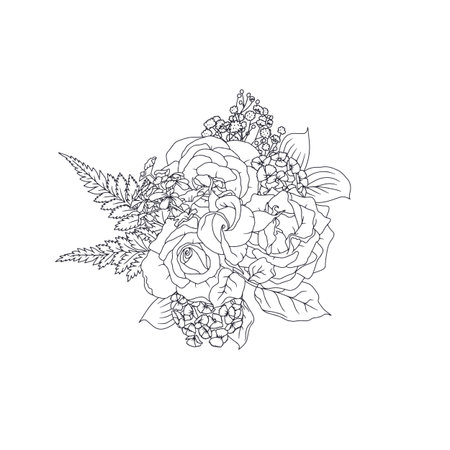 Hand drawn black and white line art rose flowers bouquet isolated on white backgroundのイラスト素材