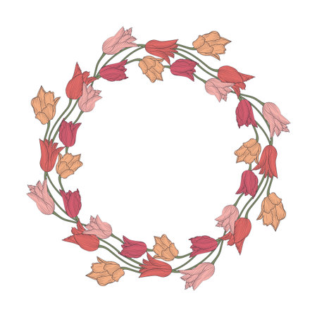 Pink and yellow hand drawn line art tulips flowers wreath isolated on whiteのイラスト素材