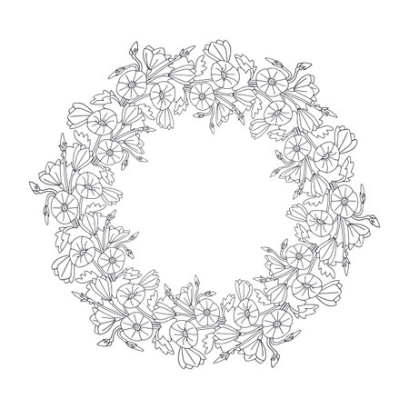 Hand drawn black and white line art canary islands flowers mallow bindweed wreath. Card template with cute monochrome floral frameのイラスト素材